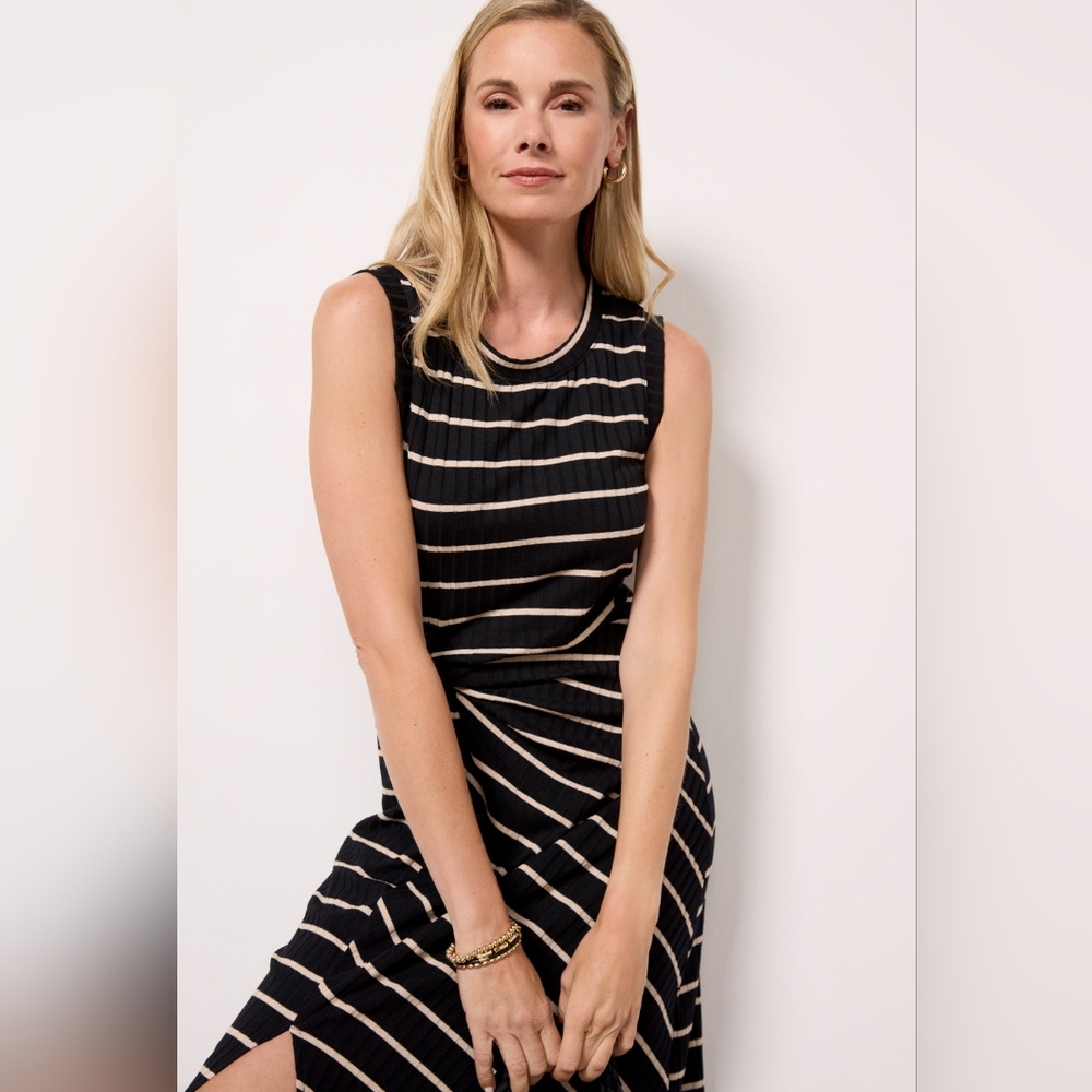 Evereve Black and Cream Striped Tie-Waist Sleeveless Midi Dress - Picture 2 of 11
